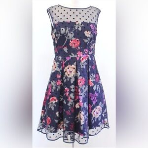 Eliza J Polkadot Floral Fit & Flare Dress, midi length, size 8